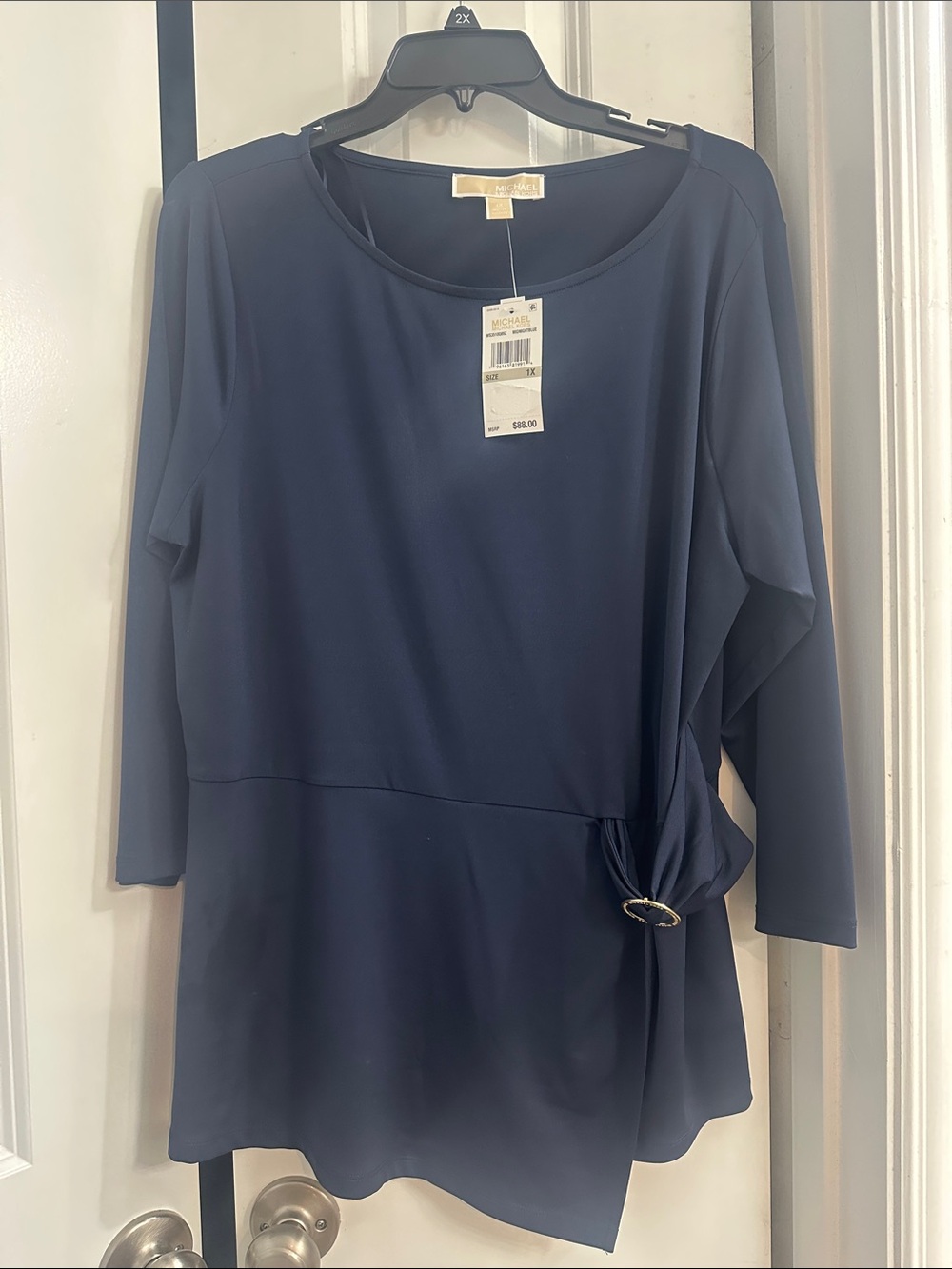 Michael Kors Navy Asymmetric Peplum Top with Side Ring
